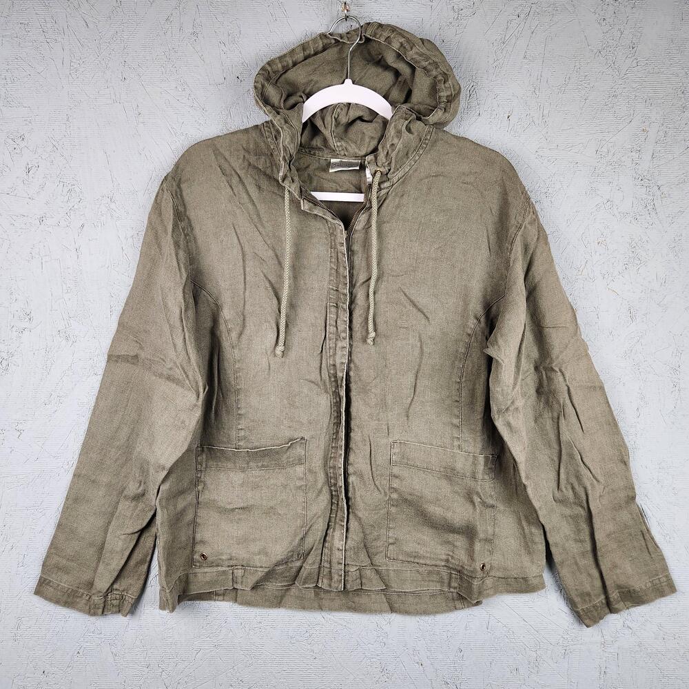 Chicos Linen Hooded Jacket Womens Medium Olive Green Zip Front Pockets Size 1